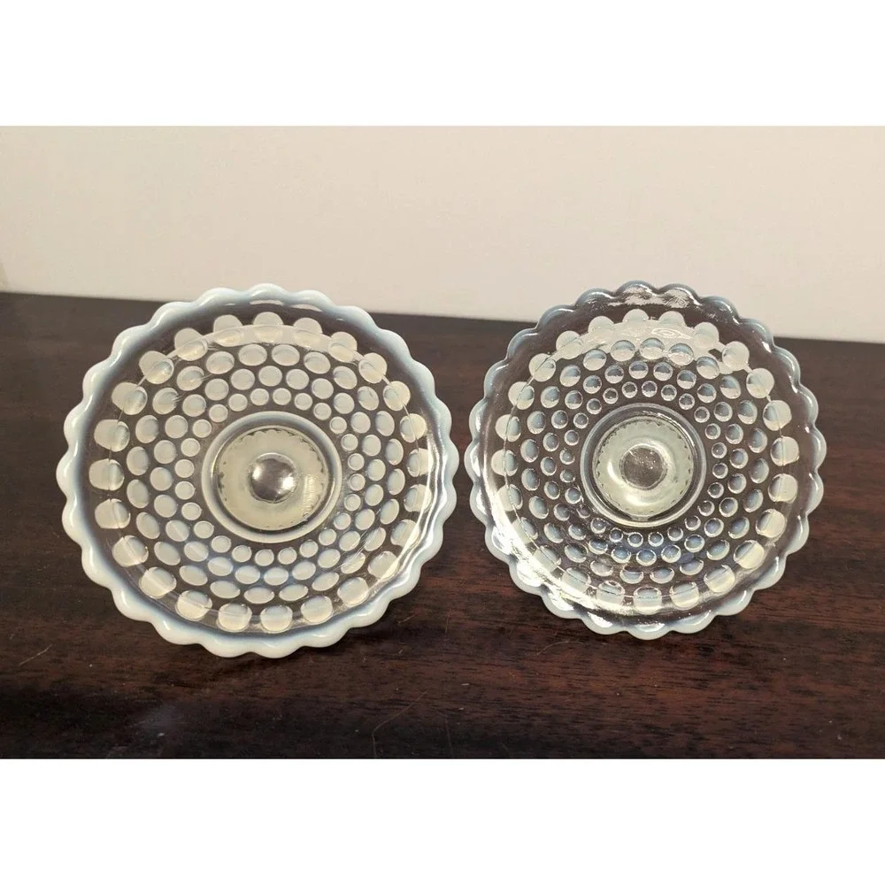 4pc Vintage Fenton Style Hobnail Glass Opalescent White Vases Candle Holders